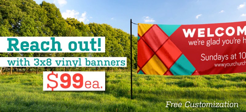 Colorful feather banners and flags outside a church